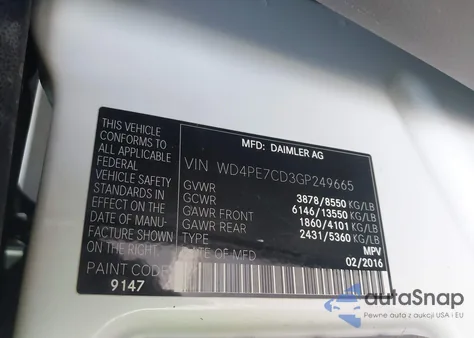 2016 Mercedes-Benz Sprinter 2500 Normal Roof из США, поврежденный, VIN WD4PE7CD3GP249665